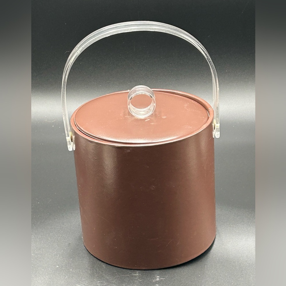 Vintage MCM brown vinyl ice bucket with lucite acrylic top, New Year’s Eve